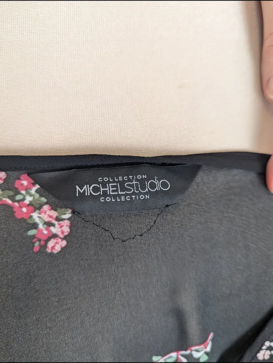 Michel Studio Black Sheer Floral Tie-Neck Blouse With Bell Sleeves Women's L/XL - Picture 4 of 6